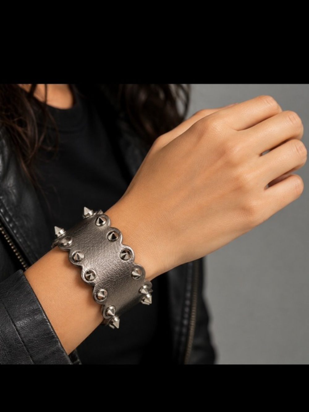 Silver Metallic Faux Leather Spike Studded Punk Rock Bracelet Cuff
